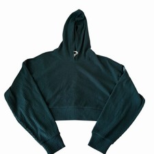 Alo Yoga Muse Cropped Hoodie Small Green Ribbed Knit Pullover Athleisure