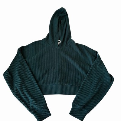 Alo Yoga Muse Cropped Hoodie Small Green Ribbed Knit Pullover