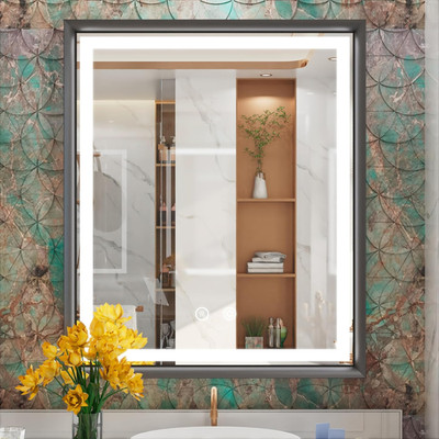 Dimmable 30x36'' LED Bathroom Mirror with Anti-Fog & 3 Color Temps, Black Frame
