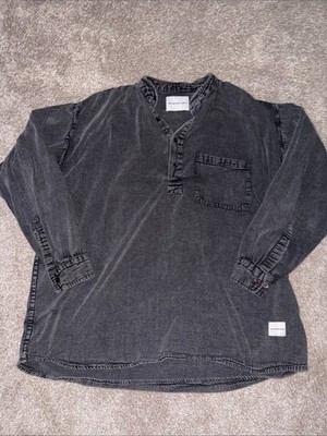 Men s MKI MIYUKI ZOKU Large Black Denim Long Sleeve Pocket 1/4 Button Shirt