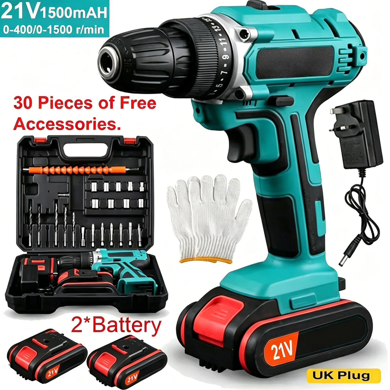 2 Battery 21V Cordless Drill Combi Driver High Power Electric Screwdriver Set UK