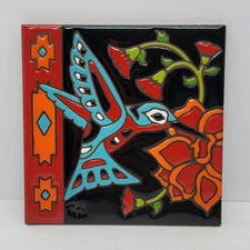 Earthtones Tile Trivet Hand Glazed Kiln Fired Southwest Flower Hummingbird 6x6