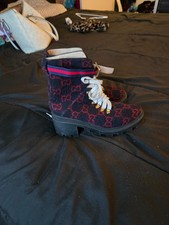 GUCCI | GG Wool Lug Sole Combat Boots Web Str...