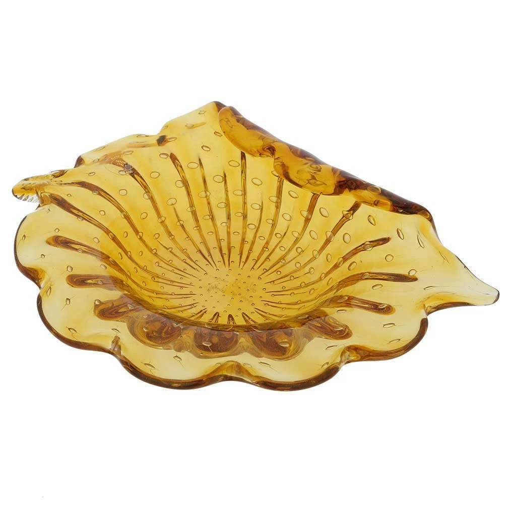 GlassOfVenice Murano Glass Bullicante Leaf Bowl - Golden Brown