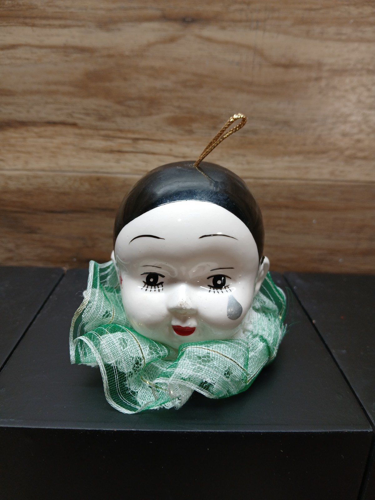 Pierrot  Ceramic Ornament Harlequin Doll Head Hand Painted White Black Green