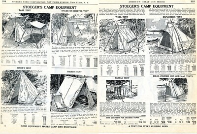 1939 2pg Print Ad of Stoeger Abercrombie's Camp Tents Nomad Hiker Baker Cruiser