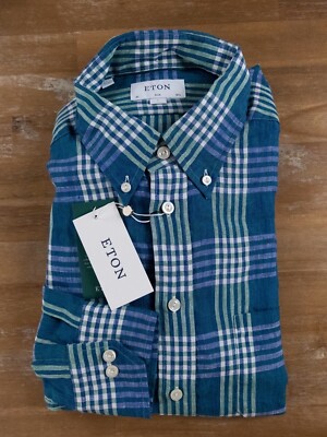 (NO CUSTOMS TAX) ETON slim-fit green plaid linen button-down shirt 42 / Large