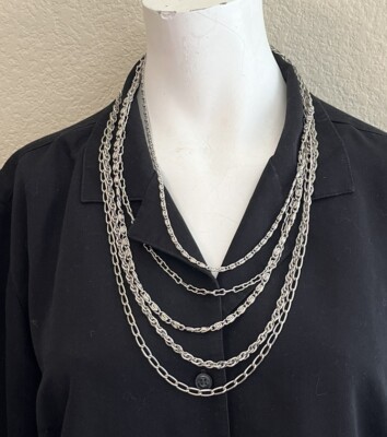 Silver Tone Chain Link Long Necklace Multi Strand Paperclip Layered Scroll Snail