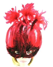 Red Feather Sequin Mardi Gras Masquerade Costume Society Mask Red Hat Ladies