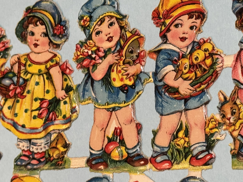 Antique German Die Cut Scrap 12 Boys & Girls Easter scenes Uncut Embossed A.P.C. - Picture 10 of 11