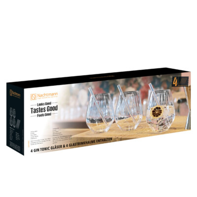 Nachtmann Tastes Good 4 Gin Tonic Gläser + 4 Glastrinkhalme + Reinigbürste