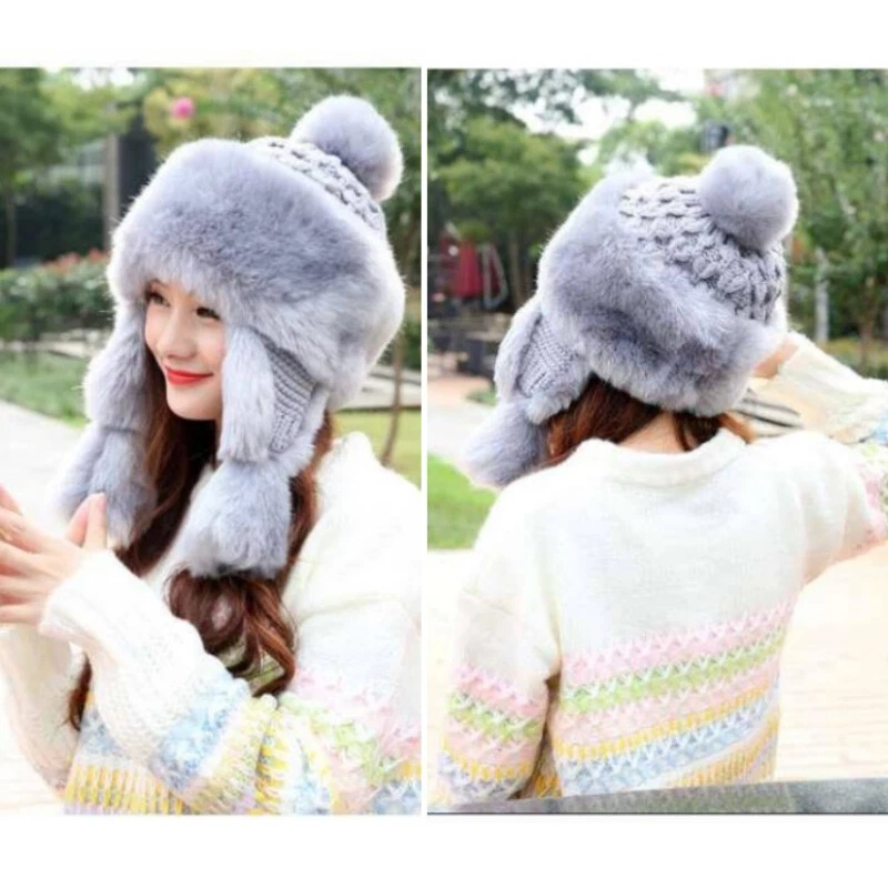 Trapper Hat Warm Winter Cute Lady Knit Faux Fur Beanie Hat Ear Flaps Cap  Russian