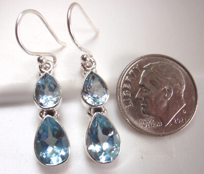 Facettierte Blautopas Träne Doppel Edelstein 925 Sterling Silber Ohrhänger
