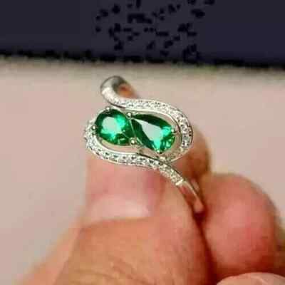 2Ct Pear Cut Simulated Emerald Women's Bypass Ring 14k White Gold Plated Silver