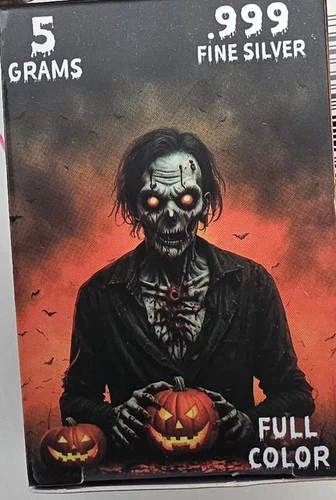 5 Gram .999 Fine Silver Zombie Pumpkin Full Color Art Bar Card Pan Silver