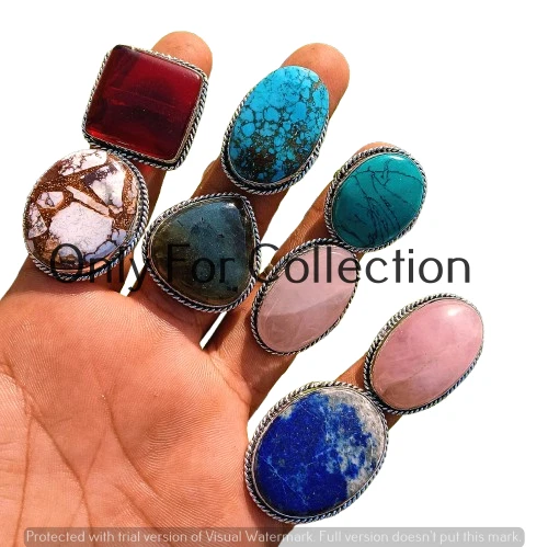 925 Sterling Silver Plated Rose Quartz & Mix Gemstone Rings Lot Healing Jewelry