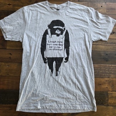 Official Banksey Monkey Laugh Now Street Art Graffiti Large Mens Shirt Gray