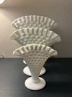 Vintage Fenton Hobnail Fan Vases Set of Three White Milk Glass Ruffled Edge