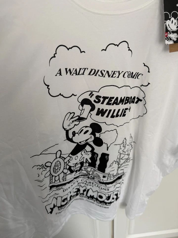 T.Shirt Disney Mickey Steamboat Willie 3 XL 54/56 Blc Imp Géant Noir Devt Coton - Photo 2/4