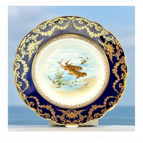 Antique Limoges Fish Plate Cobalt Blue Possibly 22K Gold Gilt Signed Roland