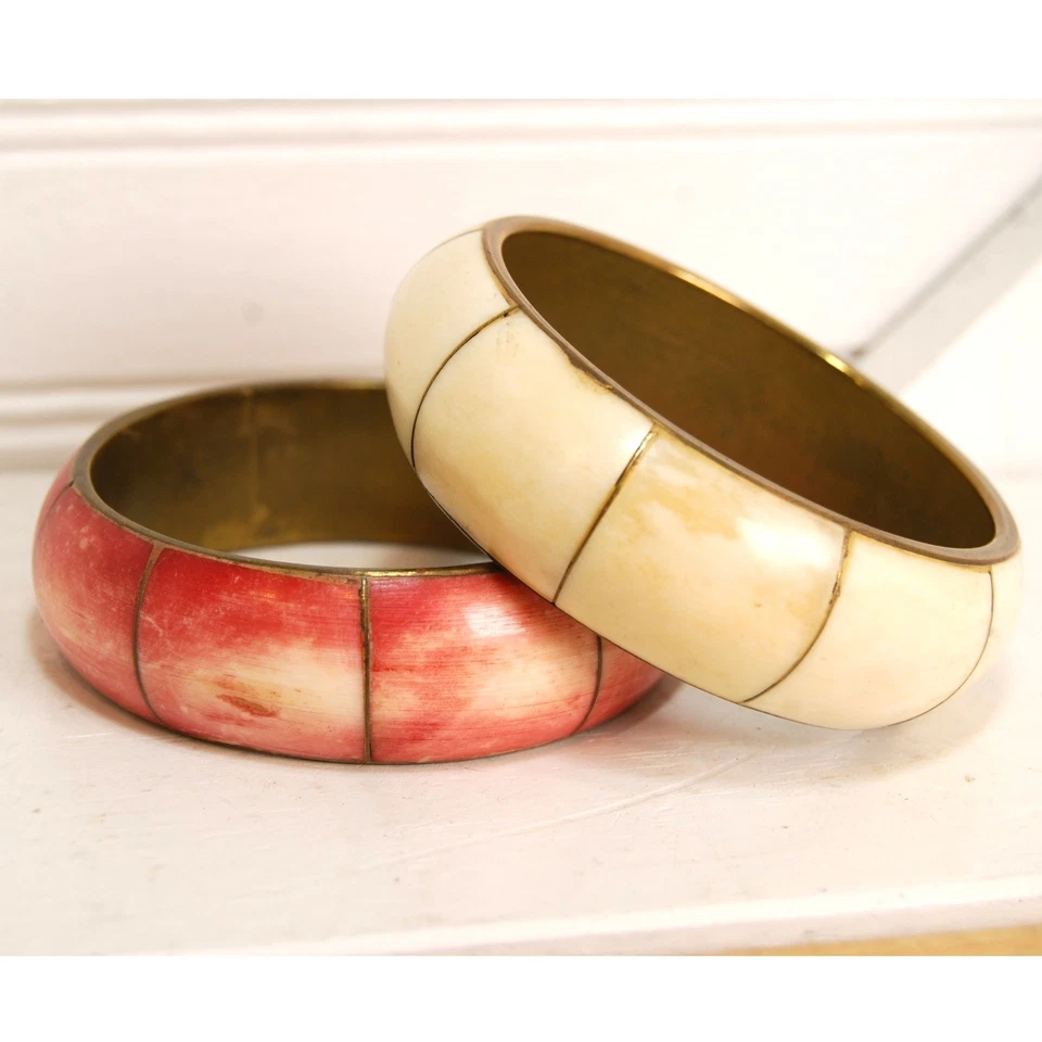 Vintage Bangle Bracelet Brass Pink White Gold Chunky jewelry - Image 2 of 4