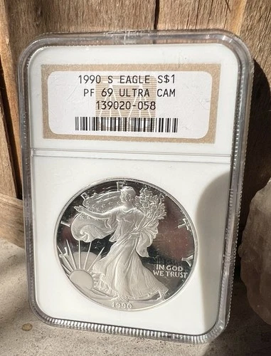 1990-S Proof $1 American Silver Eagle NGC PF69 Ultra Cameo Vintage Brown Label