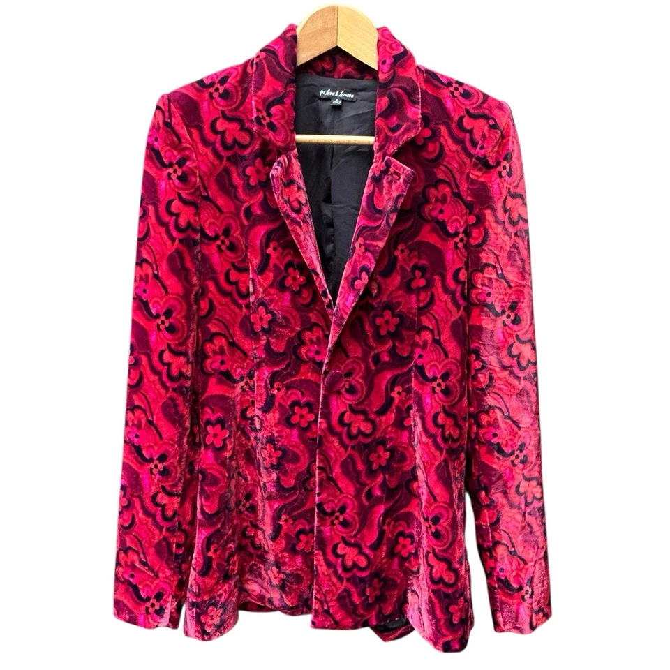 For The Love Of Lemons Penny Blazer 裤子套装红色天鹅绒花卉复古 S 码 — 第 3/4 张图片