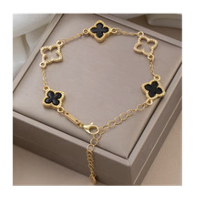 Gold Black Clover Dangle Charm Cable Chain Bracelet Adjustable Lobster Clasp