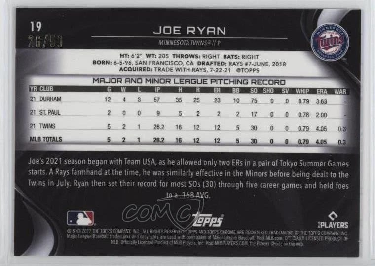 2022 Topps Chrome Black Gold Mini-Diamond Refractor /50 Joe Ryan #19 Rookie RC - Image 2 of 2