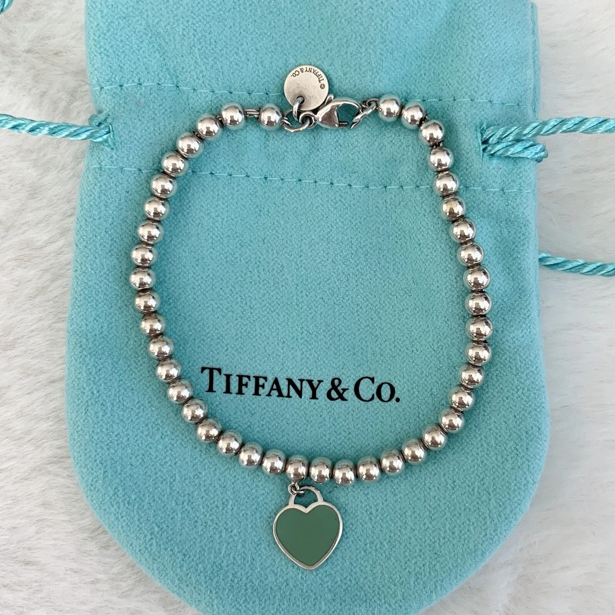 Tiffany Co. Silver Mini Bead Beads Ball Blue Enamel Heart 6.75