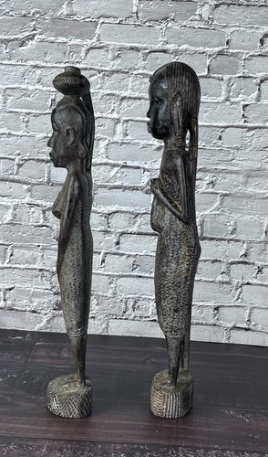 Ebony Carved Masai Tribal Warrior Man Woman Kenya Folk Art Set of 2 - Picture 9 of 9