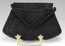 Black Hand Beaded Handbag Clutch Stylized Foral Square with Round Seed Bead