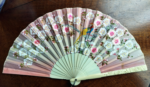 Victorian Antique Hand Painted Ladies Fan Silk Birds Cherry Blossoms