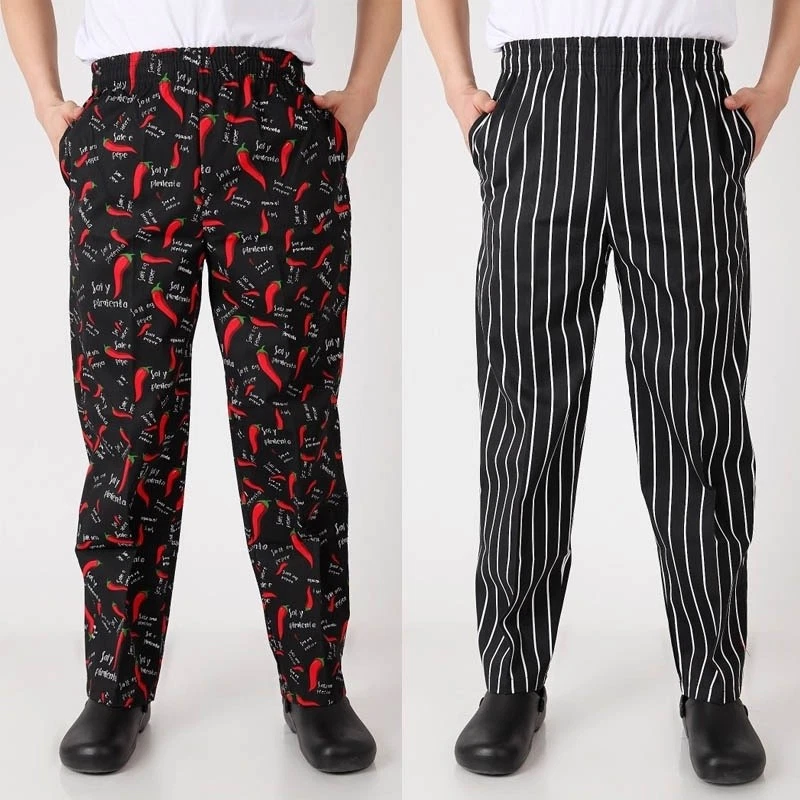 女士男式厨师裤餐厅厨师制服长裤弹性腰条纹 — 第 2/4 张图片