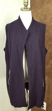 Chicos Size 2 Open Front Long Vest 100 Wool Lined Pockets Eggplant