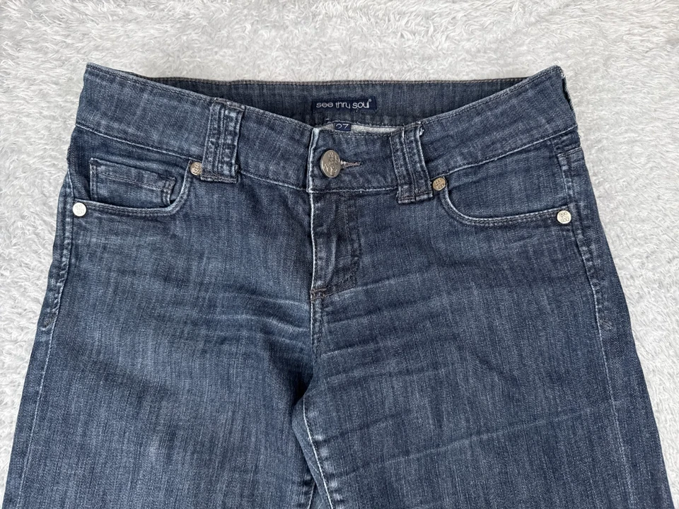 See Thru Soul Jeans Womens 27 Blue Denim I Am Lauren Wide Flare Low Rise 28x31 - Image 4 of 4