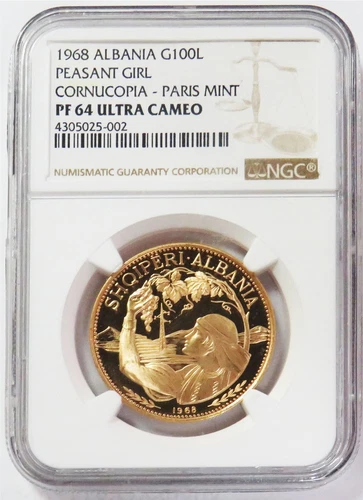 1968 GOLD 24 MINTED ALBANIA 100 LEKE CORNUCOPIA PARIS MINT PEASANT NGC PF 64 UC