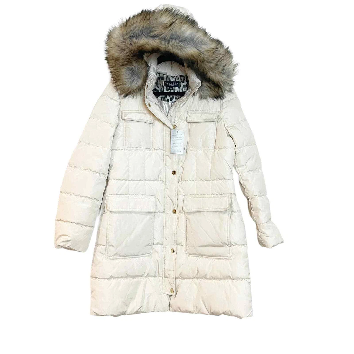 New Laundry by Shelli Segal Faux Fur Trim Hooded Puffer Coat White