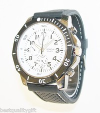 NEW-GENEVA BLACK PERFORATED SILICONE BAND+GUNMETAL,WHITE DIAL+CHRONO WATCH