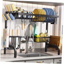 Over The Sink Dish Drying Rack, Adjustable 25.5 to 33.5 inch 2 Tier Black