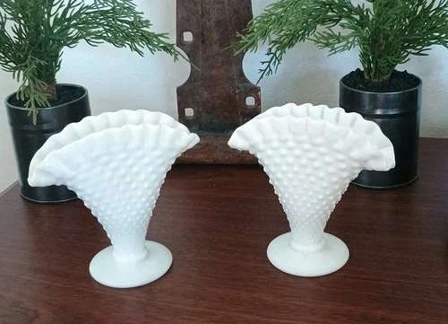 Pair of Hobnail Milk Glass Crimped Fan Flared Vase Vintage Cottage Chic 4" VGC