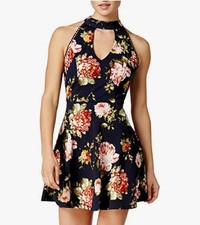 Crystal Doll Juniors 7 Floral Halter Fit  Flare Dress Navy Keyhole Party NWT