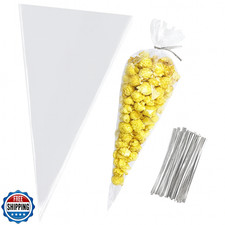 100 Clear Cone Treat Bags Cellophane Candy Bags with Twist Ties for Party Favors