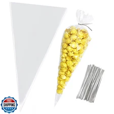 100 Clear Cone Treat Bags Cellophane Candy Bags with Twist Ties for Party Favors