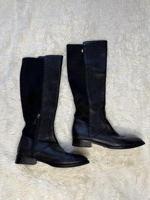 Tory Burch Selden Leather Tall Riding Boots Black Size Stretch Pebbled 