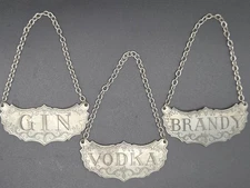 Vintage Stieff Pewter Decanter Label Set Vodka Gin Brandy Mid Century Barware