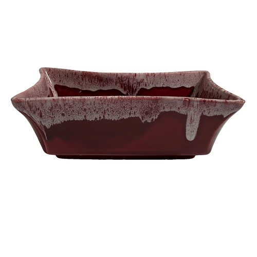 Vintage Pottery Red Pink Maroon Drip Glaze Rectangular Planter Bowl Dish R-6