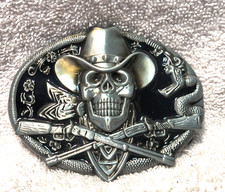 Cowboy Skull Crossbones Cross Rifles Silver Black Belt Buckle Great Shape