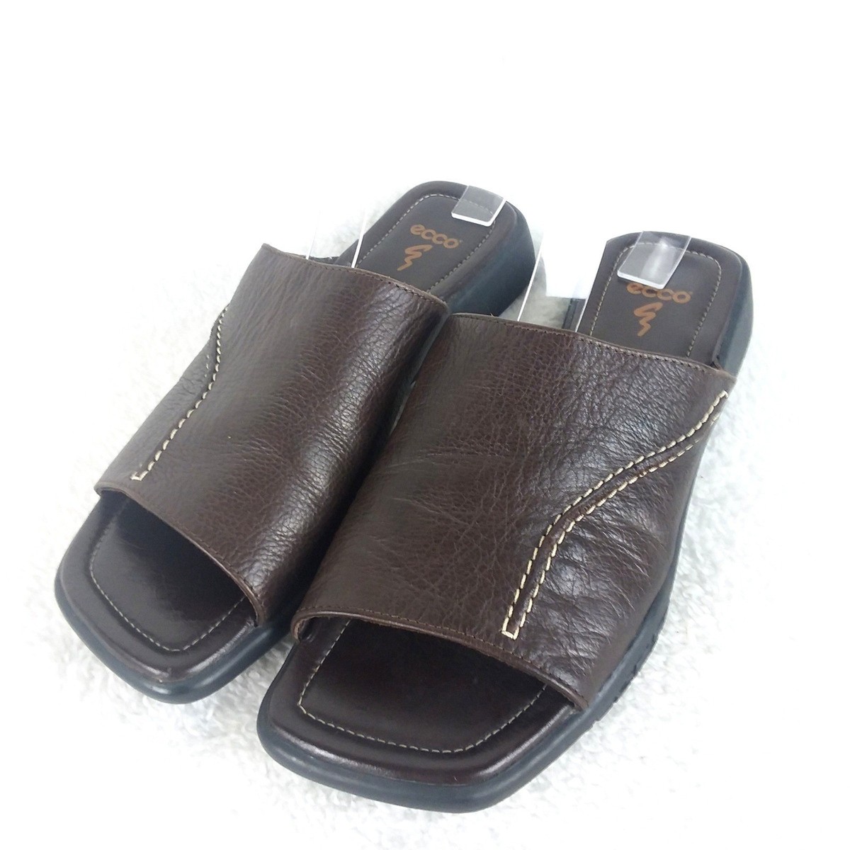 ECCO Brown Leather Slide Sandals Women's 7 Square Toe Comfort Shoes Slip On View 2