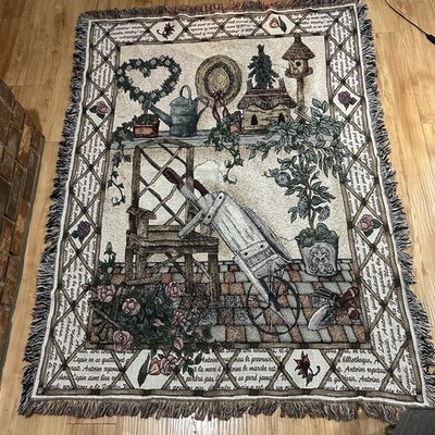 French Countryside Birds Garden Tapestry Throw Blanket 68 x50  Fringe Edge